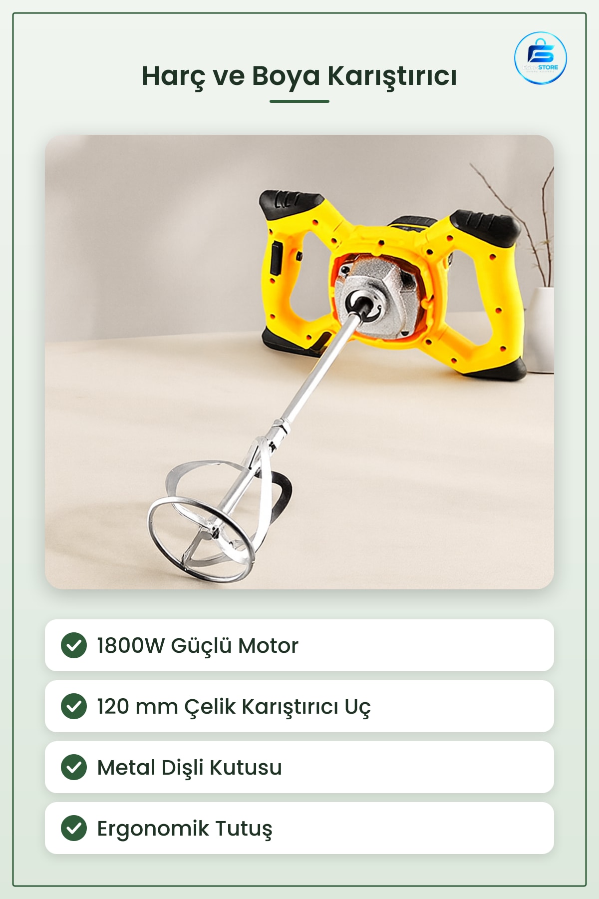Harç ve Boya Karıştırıcı Matkap 1800W 120 mm Çelik Uç Sıva Çimento Epoksi Karıştırma Makinesi