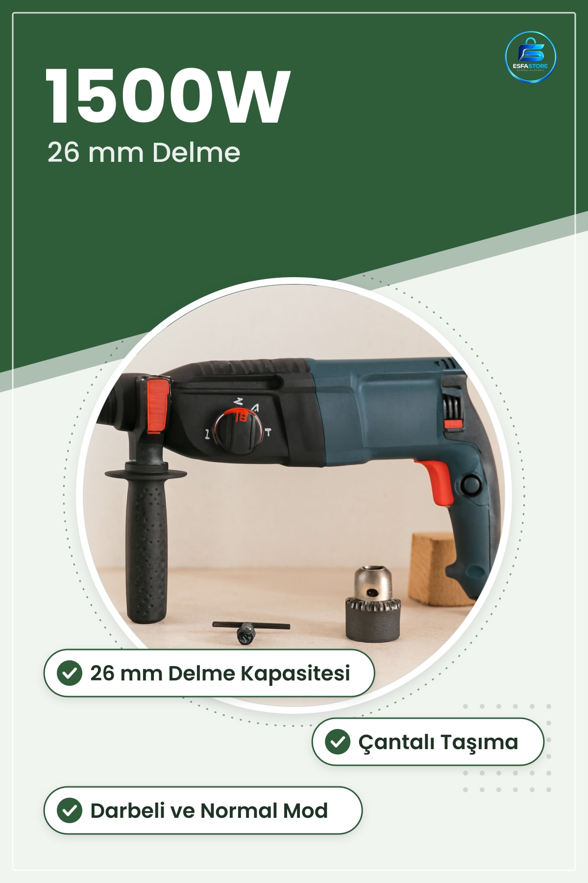 Darbeli Matkap 1500W 26mm Çantalı Elektrikli Beton Tuğla Taş Ahşap Metal Delme Hobi