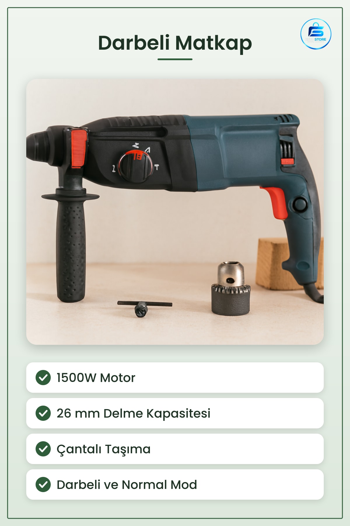 Darbeli Matkap 1500W 26mm Çantalı Elektrikli Beton Tuğla Taş Ahşap Metal Delme Hobi