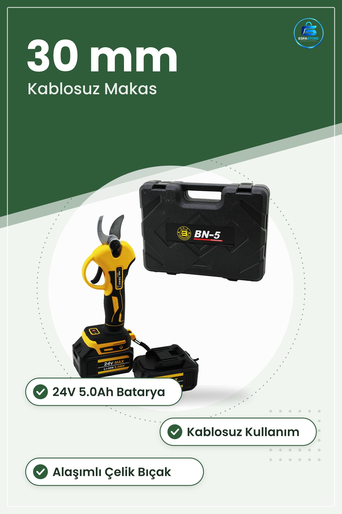 Şarjlı Budama Makası Kablosuz 24V 5.0Ah 30mm Bağ Bahçe Meyve Ağacı Dal Kesme Aleti