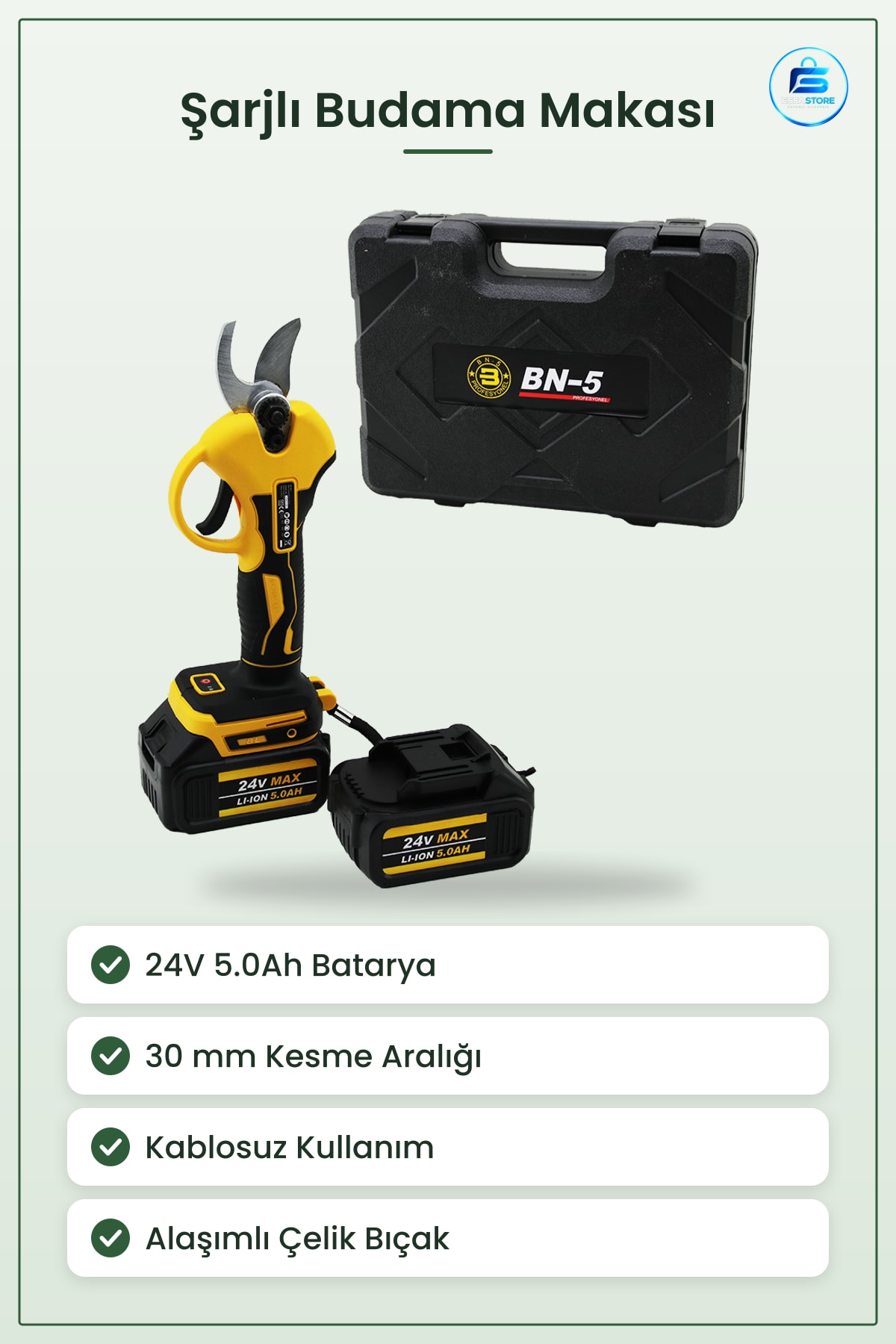 Şarjlı Budama Makası Kablosuz 24V 5.0Ah 30mm Bağ Bahçe Meyve Ağacı Dal Kesme Aleti