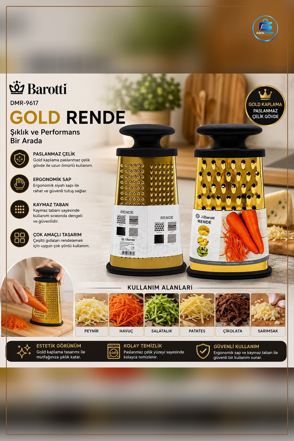 Rende Gold Paslanmaz Çelik Silikon Kaplama Tabanı Mutfak Sebze Peynir Rendesi Dayanıklı