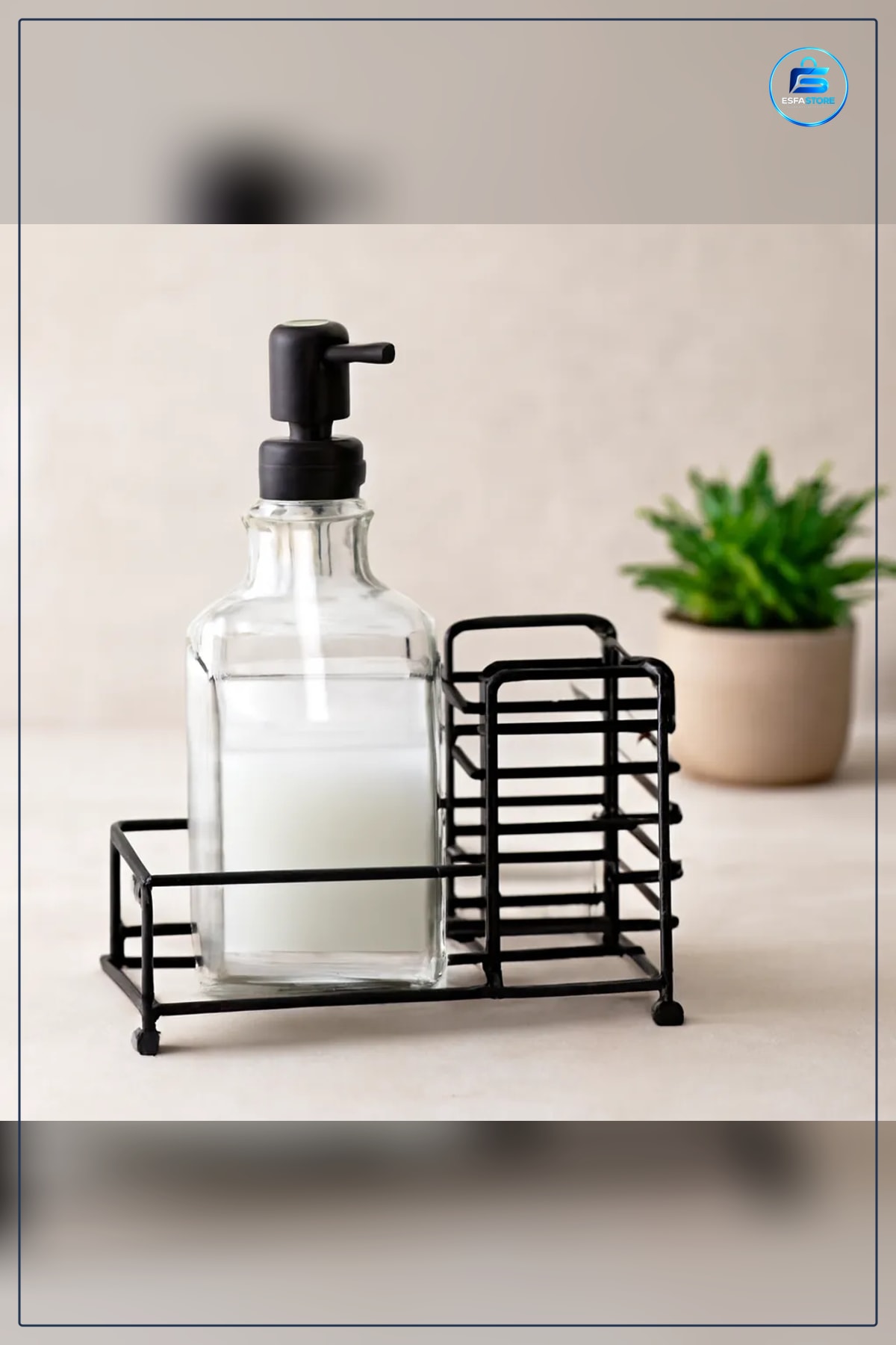Cam Sıvı Sabunluk 500 ml Siyah Metal Stand ve Pompa Banyo Mutfak Lavabo Dekoratif Seti