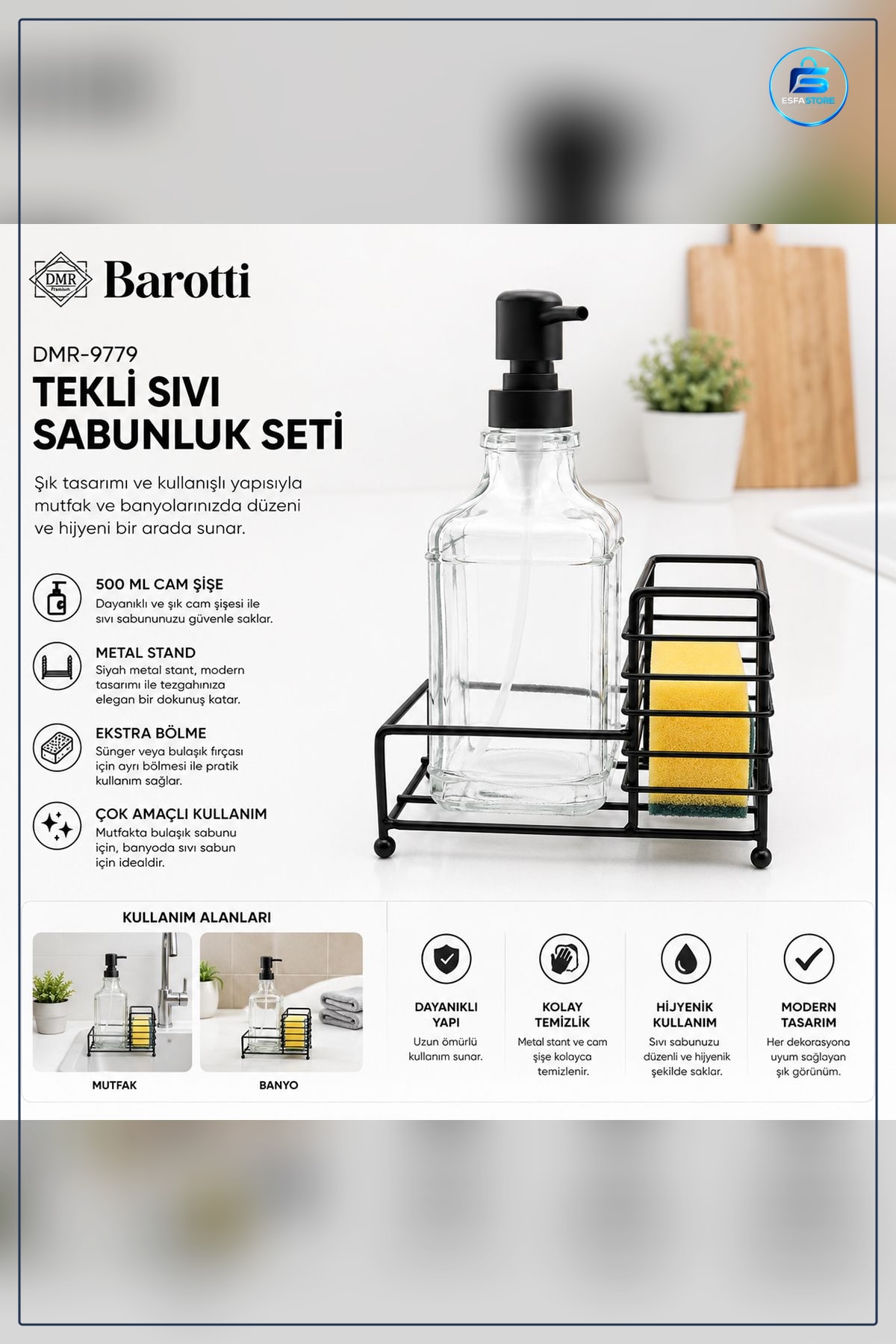 Cam Sıvı Sabunluk 500 ml Siyah Metal Stand ve Pompa Banyo Mutfak Lavabo Dekoratif Seti