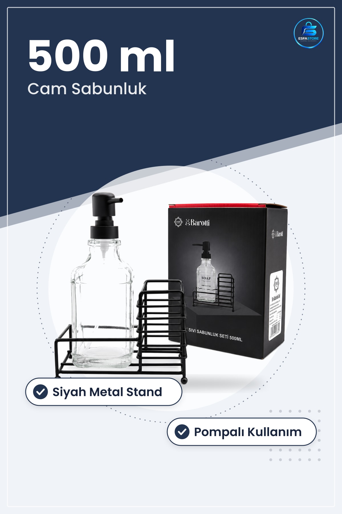 Cam Sıvı Sabunluk 500 ml Siyah Metal Stand ve Pompa Banyo Mutfak Lavabo Dekoratif Seti