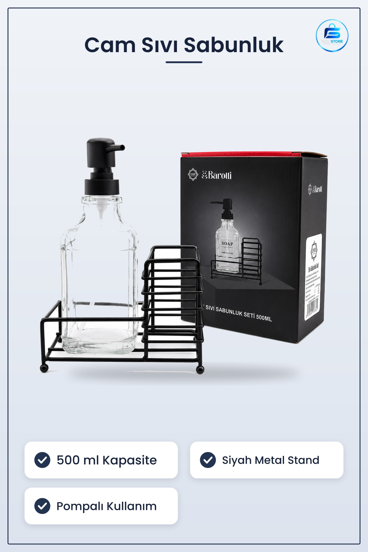 Cam Sıvı Sabunluk 500 ml Siyah Metal Stand ve Pompa Banyo Mutfak Lavabo Dekoratif Seti