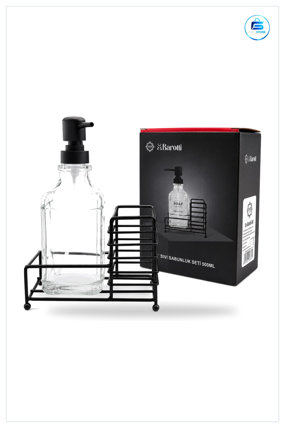 Cam Sıvı Sabunluk 500 ml Siyah Metal Stand ve Pompa Banyo Mutfak Lavabo Dekoratif Seti