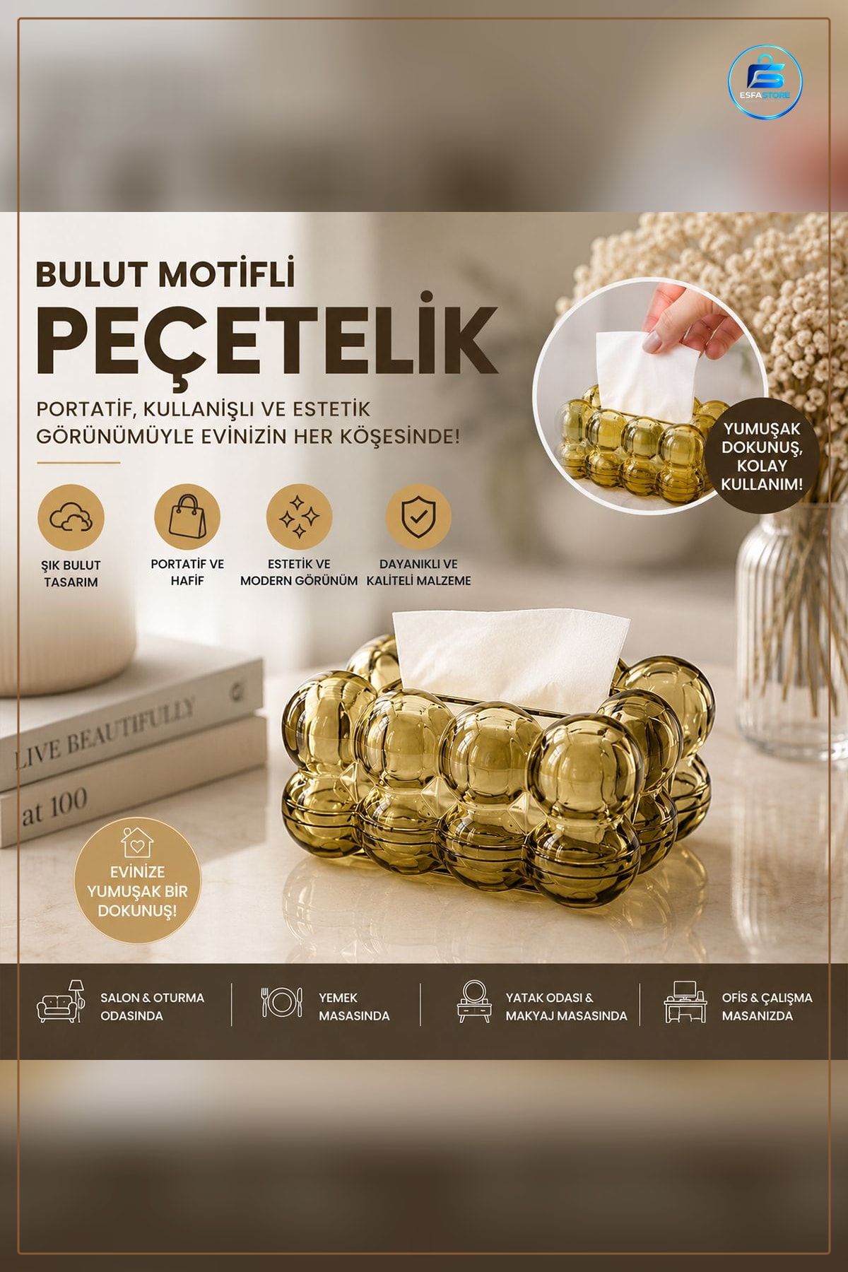 Bulut Peçetelik Masaüstü Şeffaf Yaylı Peçete Kutusu 19x13x9,5 cm Dekoratif Akrilik Kafe Restoran Ev