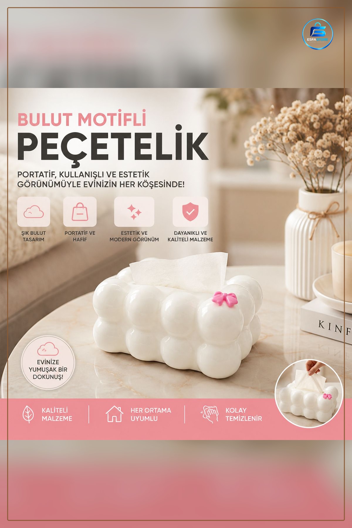 Peçetelik Bulut Masaüstü Yaylı Dekoratif Tutucu 19x12.5x8.5 cm Beyaz ABS Kaymaz Taban