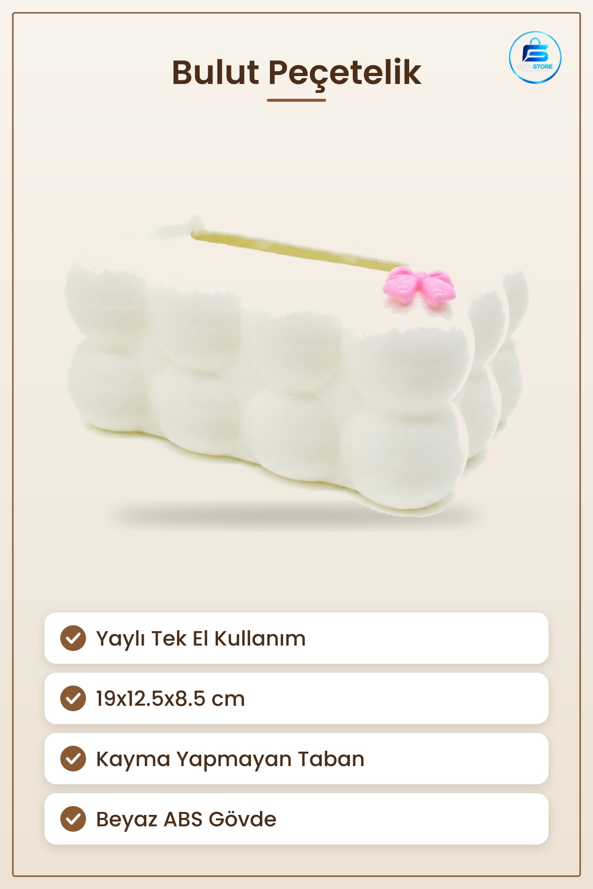 Peçetelik Bulut Masaüstü Yaylı Dekoratif Tutucu 19x12.5x8.5 cm Beyaz ABS Kaymaz Taban