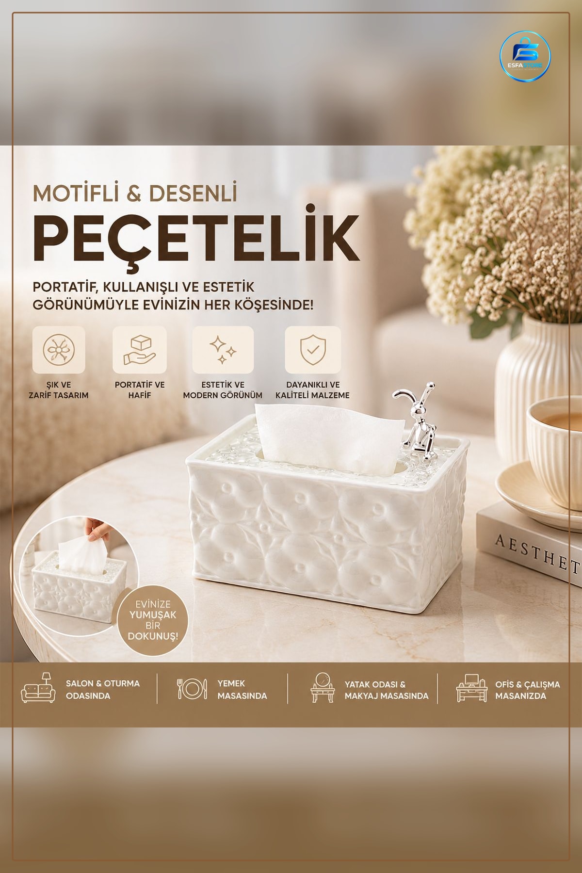 Seramik Beyaz Masaüstü Peçetelik 18.4x12.5x9 cm Dikdörtgen Motifli Kabartmalı Mutfak Sofra