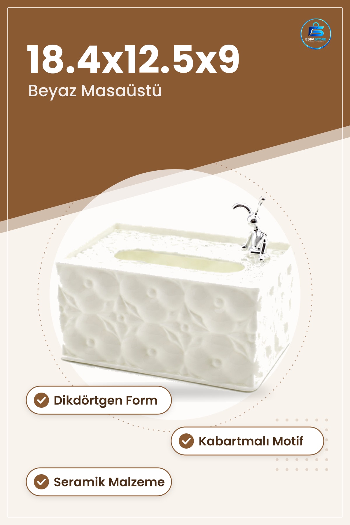 Seramik Beyaz Masaüstü Peçetelik 18.4x12.5x9 cm Dikdörtgen Motifli Kabartmalı Mutfak Sofra