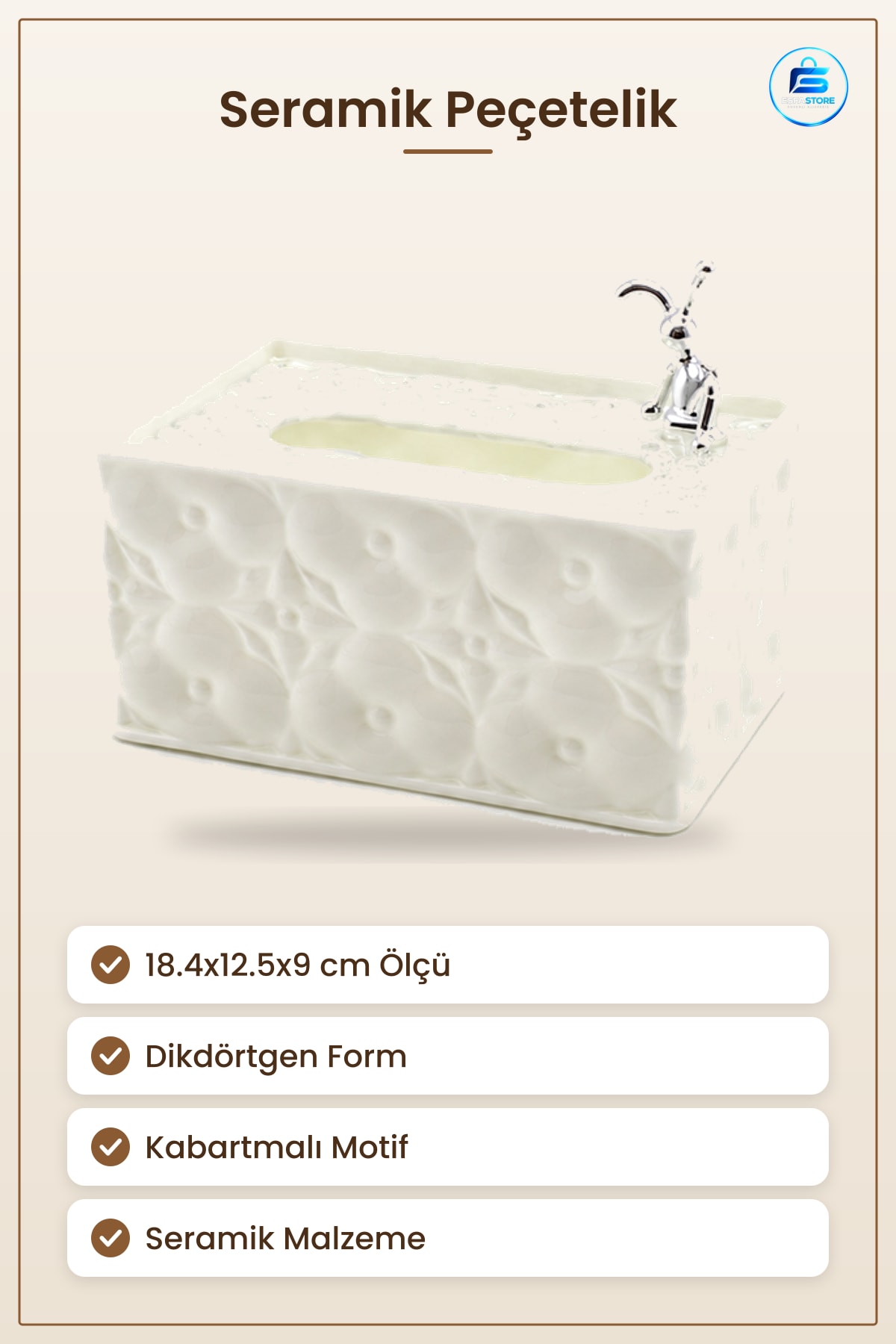 Seramik Beyaz Masaüstü Peçetelik 18.4x12.5x9 cm Dikdörtgen Motifli Kabartmalı Mutfak Sofra