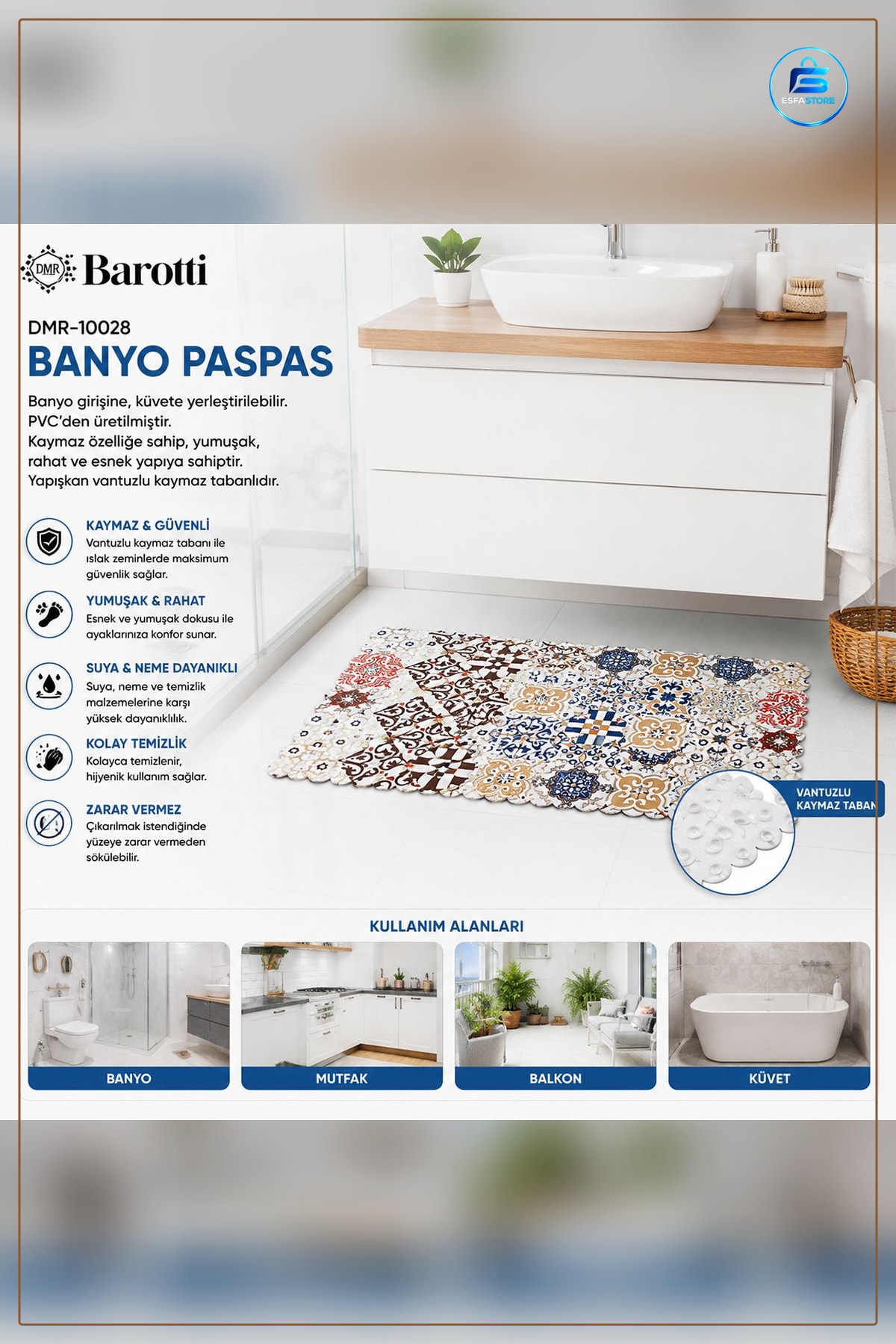 Banyo Paspásı Kaydırmaz Su Emici Mikrofiber 70x34 cm Küvet Önü Duş Çıkışı Desenli PVC Taban