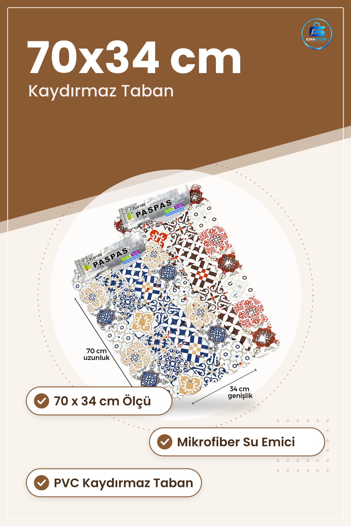 Banyo Paspásı Kaydırmaz Su Emici Mikrofiber 70x34 cm Küvet Önü Duş Çıkışı Desenli PVC Taban