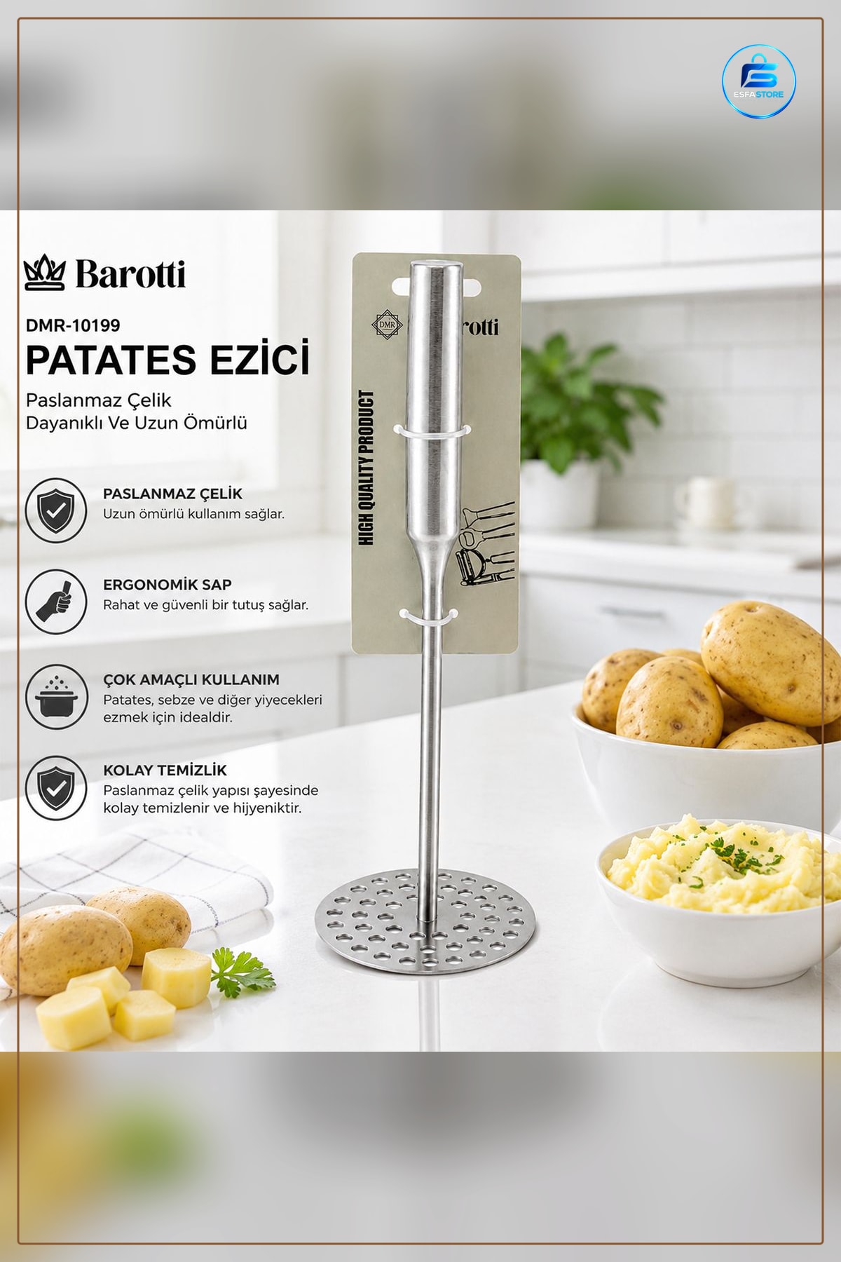 Metal Patates Ezici Havan 26.5 cm Ezme Başlığı Tek Parça Püre ve Bebek Maması Mutfak Aleti