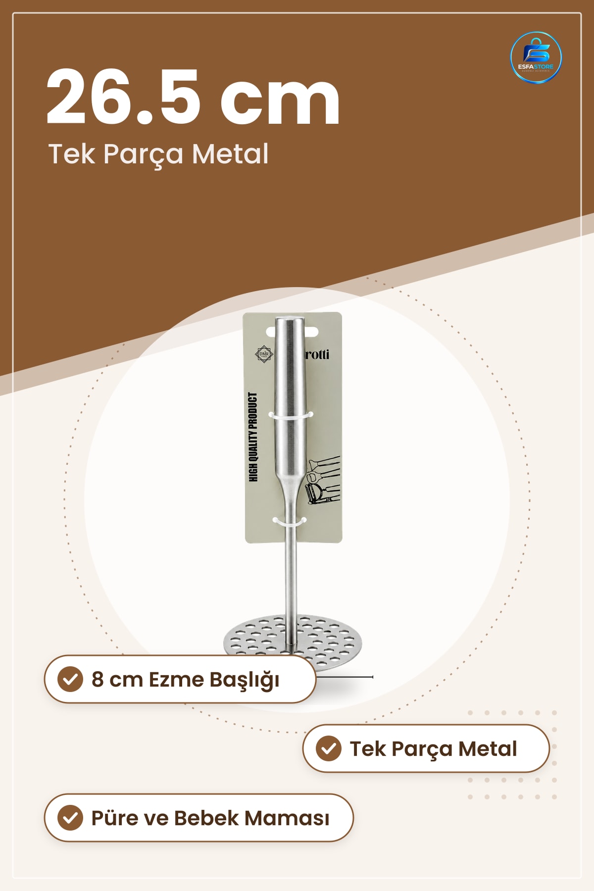 Metal Patates Ezici Havan 26.5 cm Ezme Başlığı Tek Parça Püre ve Bebek Maması Mutfak Aleti