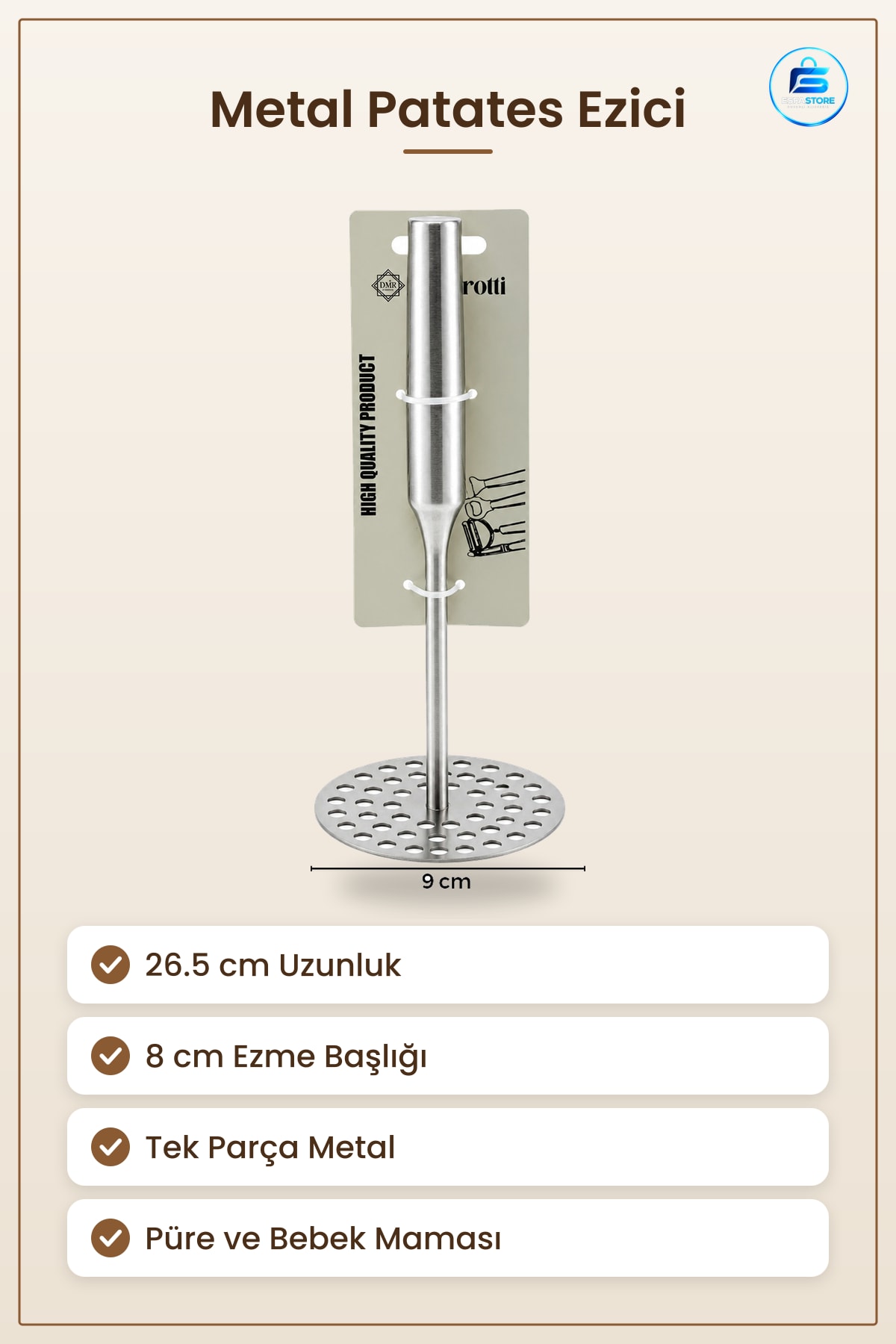 Metal Patates Ezici Havan 26.5 cm Ezme Başlığı Tek Parça Püre ve Bebek Maması Mutfak Aleti