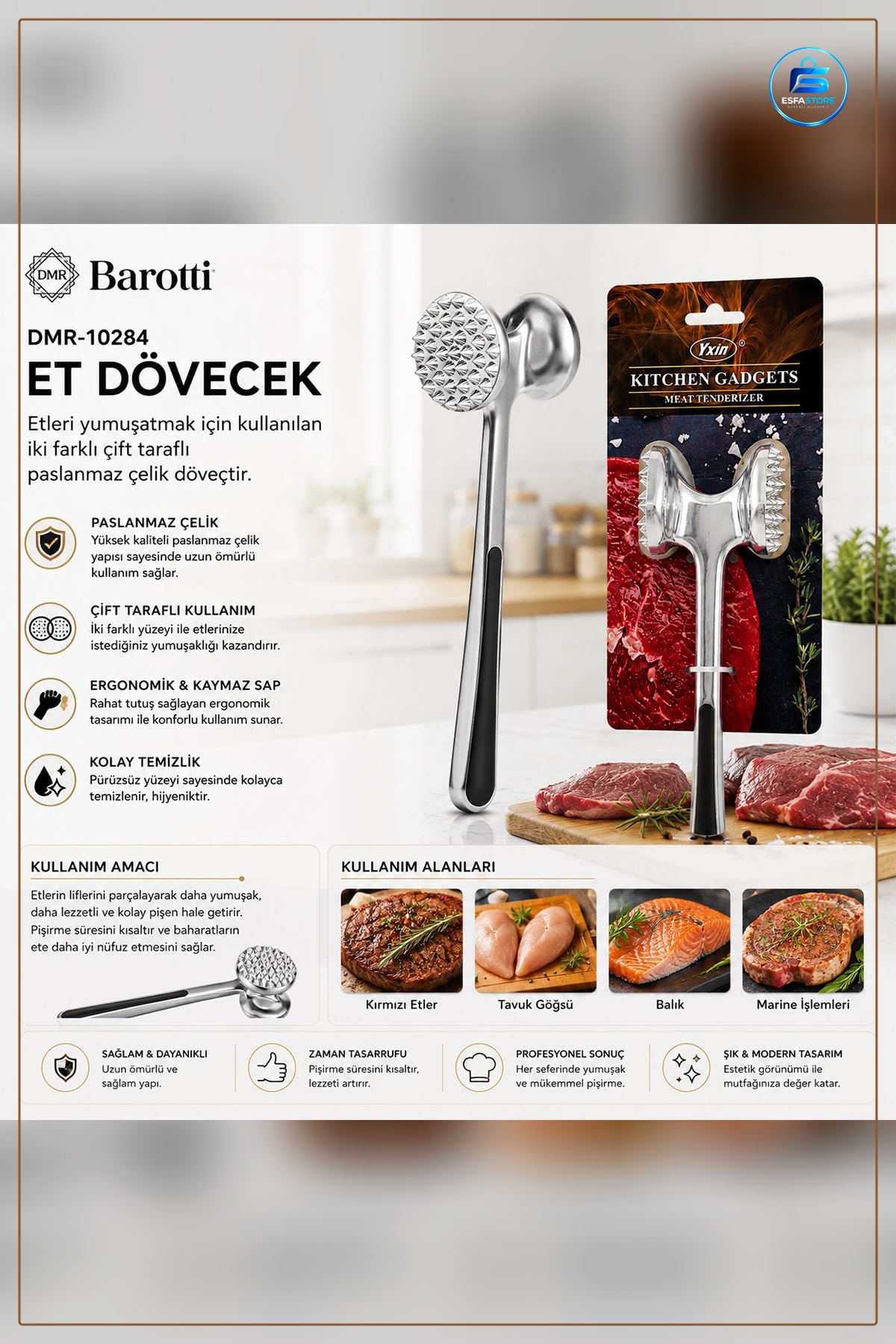 Çift Başlı Et Dövecek Paslanmaz Çelik Yumuşatıcı Mutfak Yemek Hazırlık Aracı Pratik