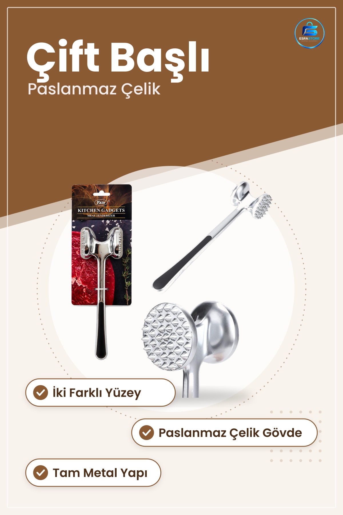 Çift Başlı Et Dövecek Paslanmaz Çelik Yumuşatıcı Mutfak Yemek Hazırlık Aracı Pratik