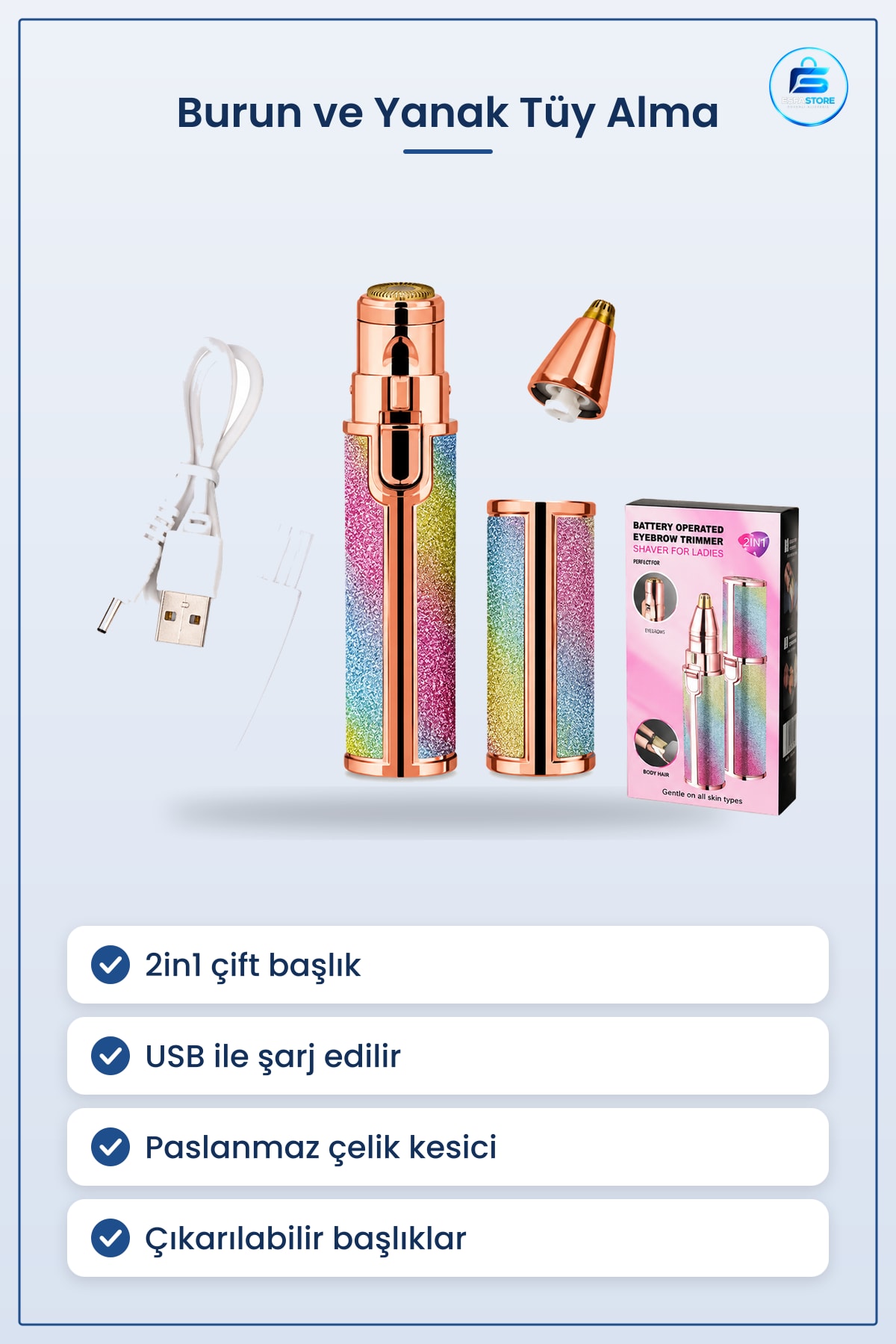 Tıraş Makinesi USB Şarjlı 2in1 Burun ve Yanak Tüy Alma Kişisel Bakım Seyahat Kullanışlı