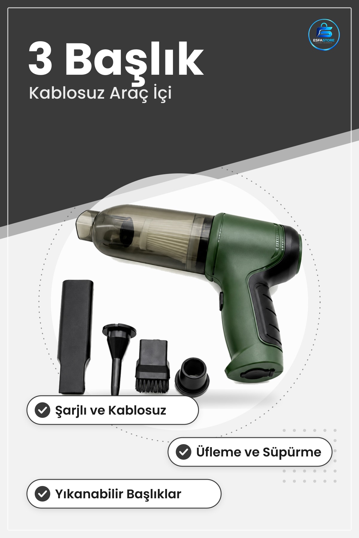 Şarjlı El Tipi Basınçlı Hava Üfleme Araç İçi Süpürge 3 Başlıklı Oto Temizlik Makinesi Kablosuz