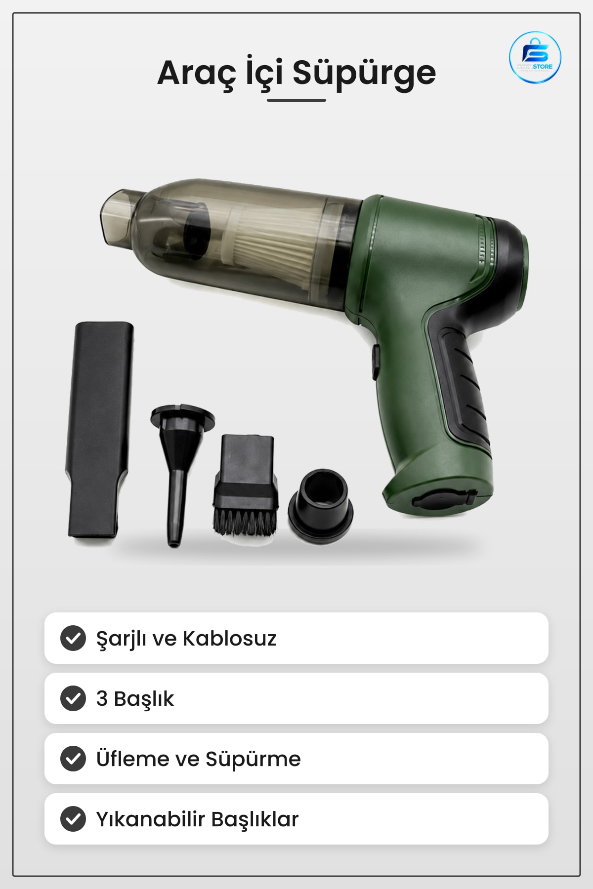 Şarjlı El Tipi Basınçlı Hava Üfleme Araç İçi Süpürge 3 Başlıklı Oto Temizlik Makinesi Kablosuz
