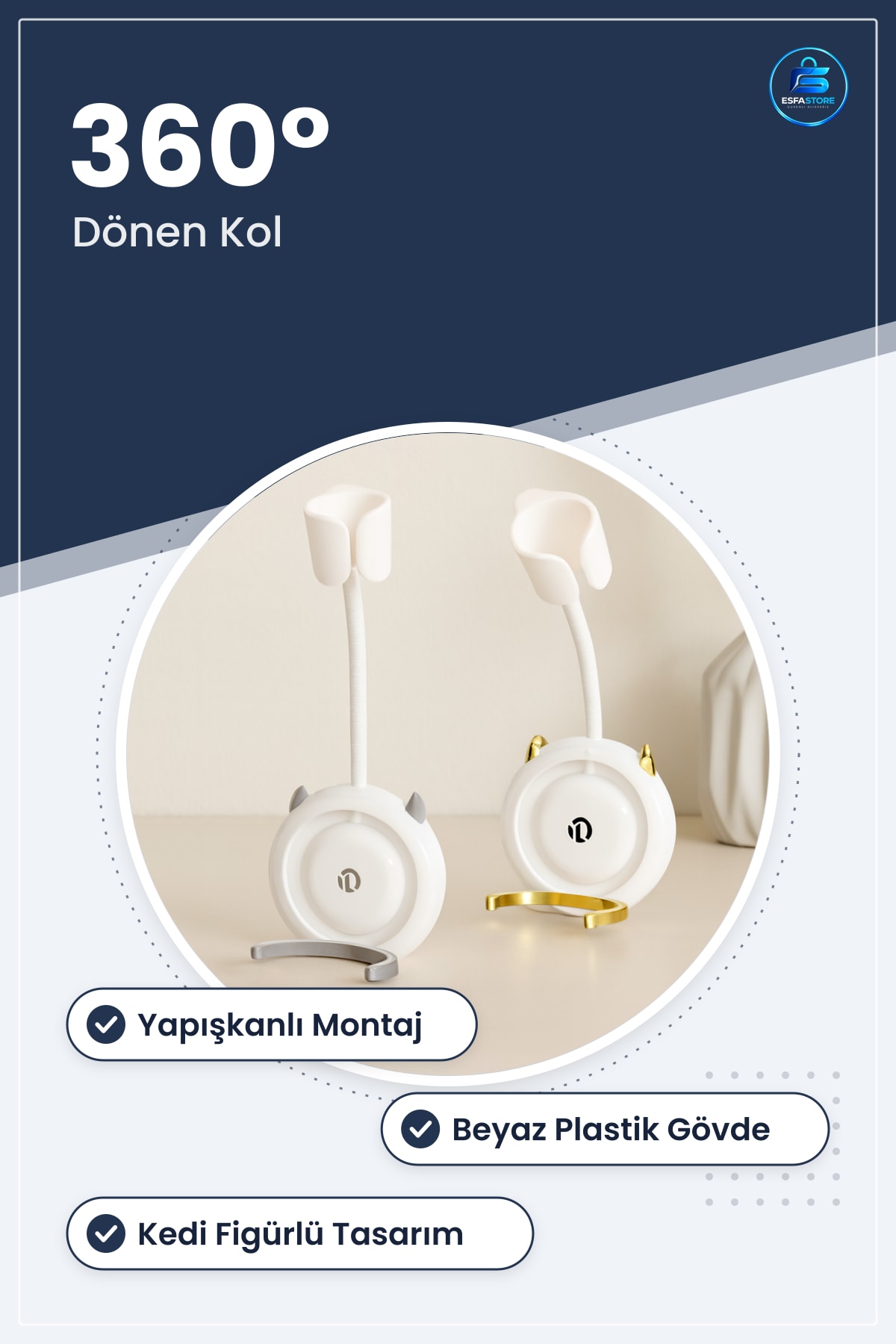 Fön Makinesi Askısı Derece Dönen Beyaz Plastik Yapışkanlı Kedi Figürlü Banyo Düzenleyici Saklama
