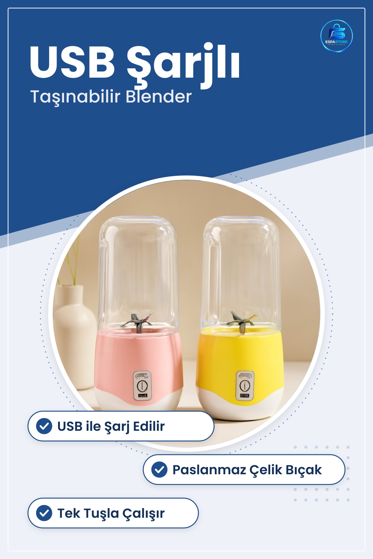 Kişisel Blender Taşınabilir USB Şarjlı Mini Smoothie Paslanmaz Çelik Bıçaklı 1 Adet Ofis Seyahat