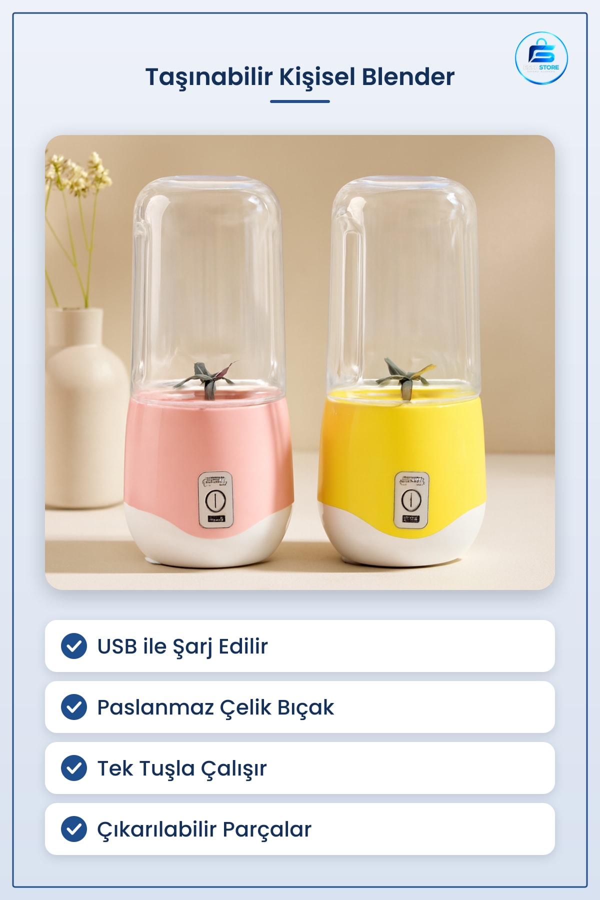 Kişisel Blender Taşınabilir USB Şarjlı Mini Smoothie Paslanmaz Çelik Bıçaklı 1 Adet Ofis Seyahat