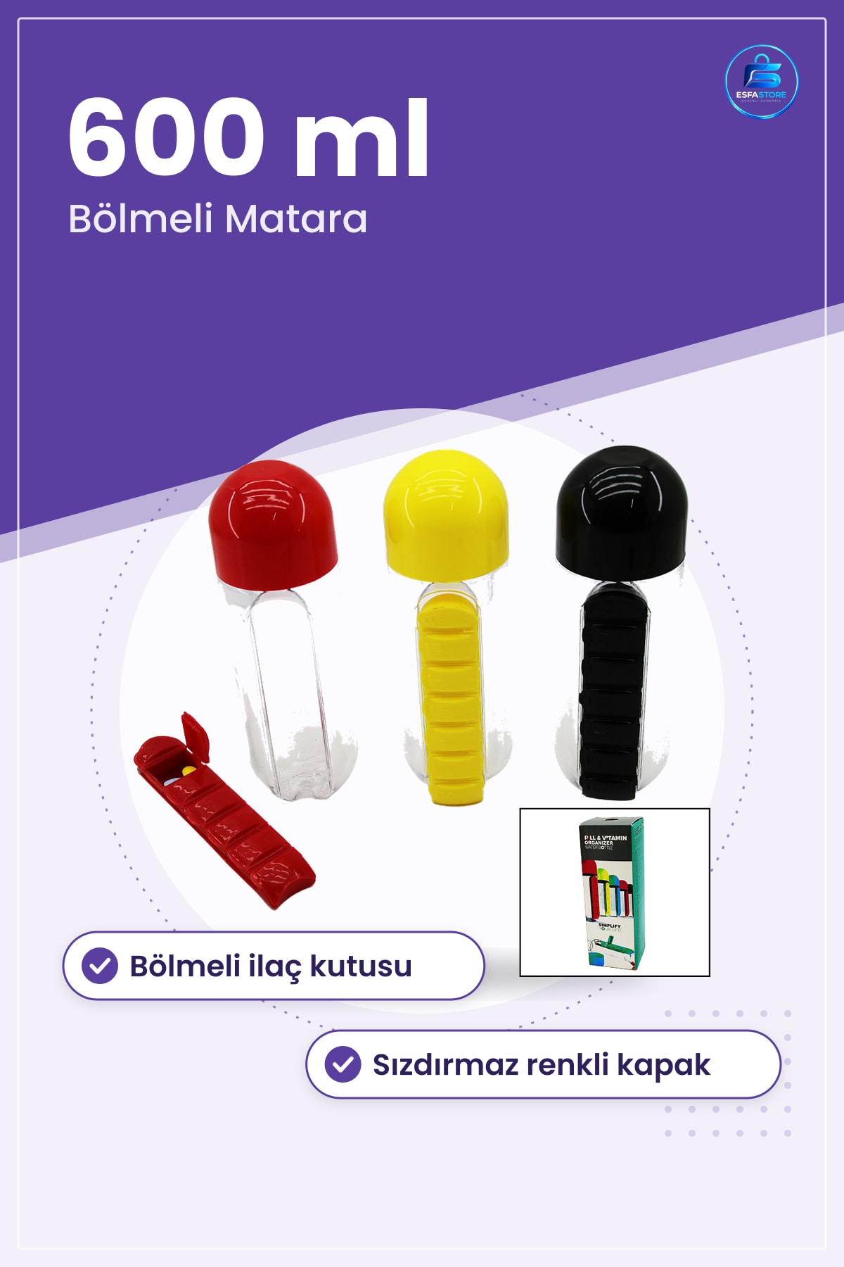 İlaç Kutusu Matara 600 ml Plastik Suluk Bölmeli Günlük Hap Organizer Taşınabilir Seyahat 1 Adet