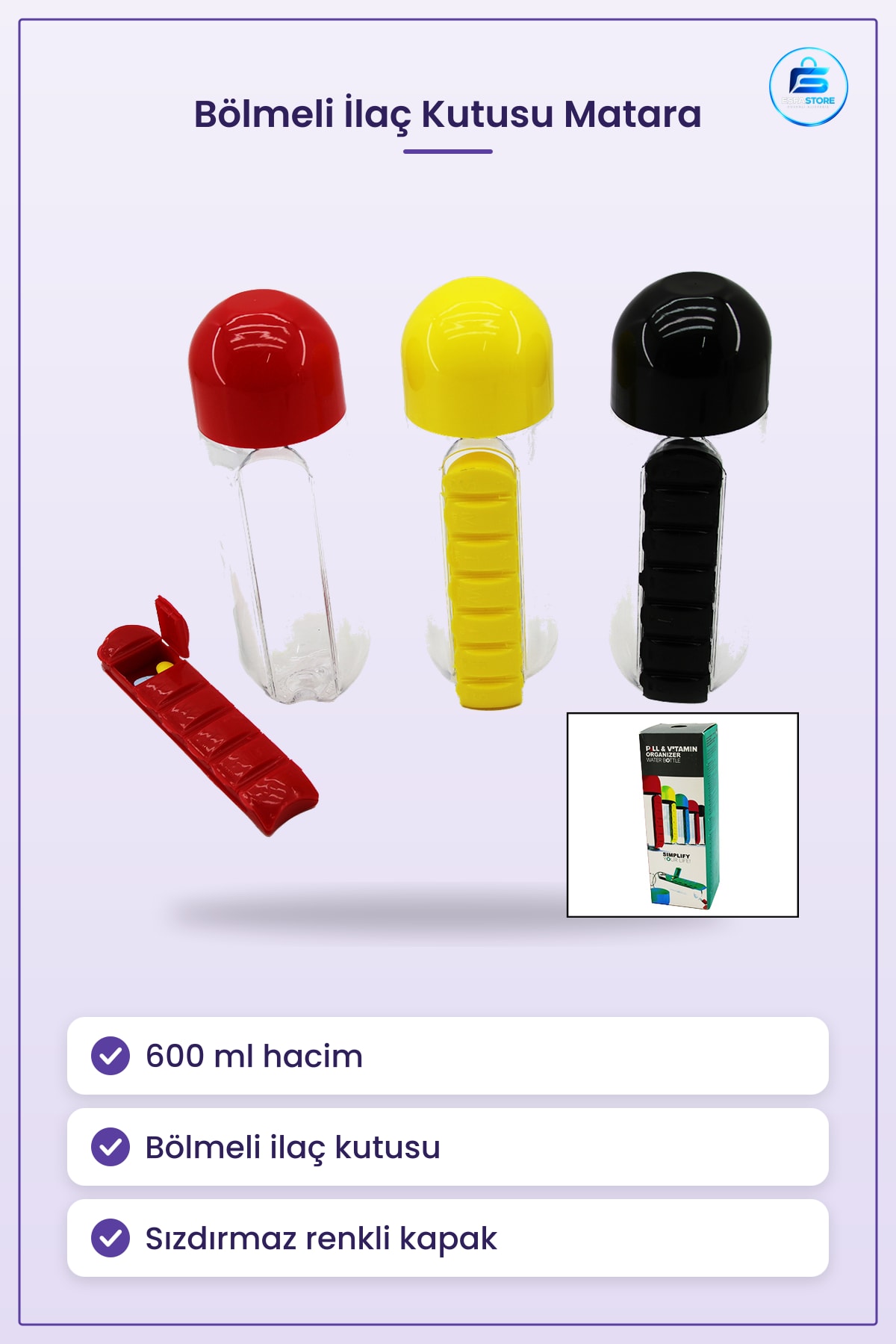İlaç Kutusu Matara 600 ml Plastik Suluk Bölmeli Günlük Hap Organizer Taşınabilir Seyahat 1 Adet