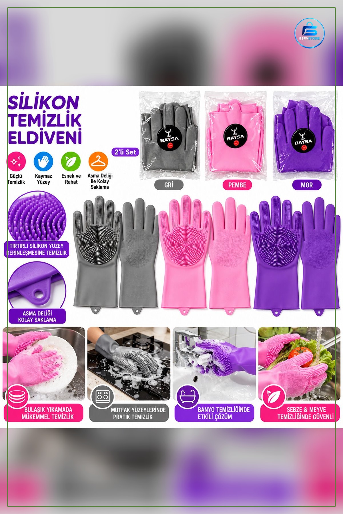Silikon Bulaşık Eldiveni Tırtırlı Temizlik Mutfak Kaymaz Yüzey Yıkama Ev Kullanımı 1 Adet