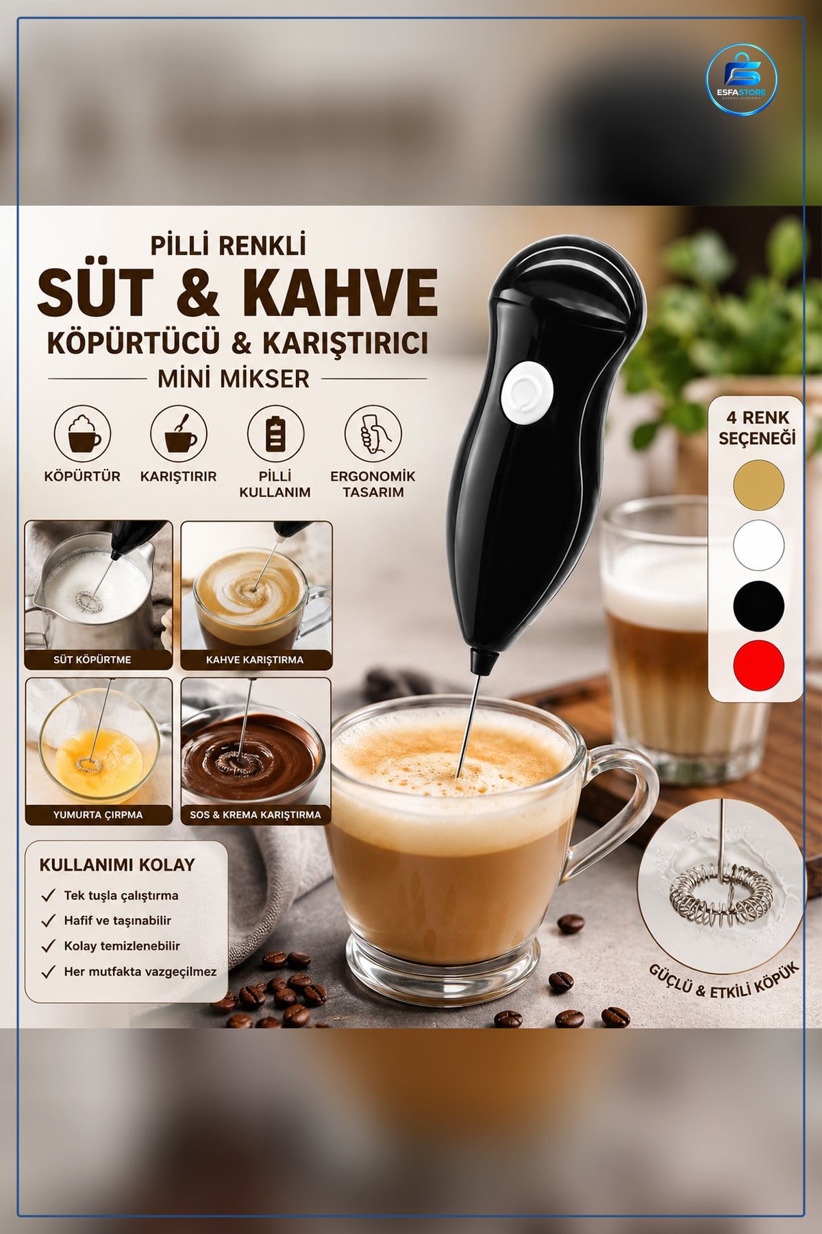 Pilli Mini Süt ve Kahve Köpürtücü El Tipi Mikser Krem Köpük Espresso Filtre Taşınabilir Paslanmaz