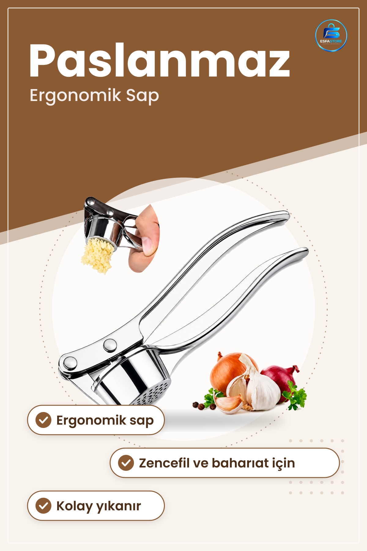 Sarımsak Ezici Paslanmaz Çelik Mutfak Aleti Ergonomik Saplı Zencefil Kolay Temizlik