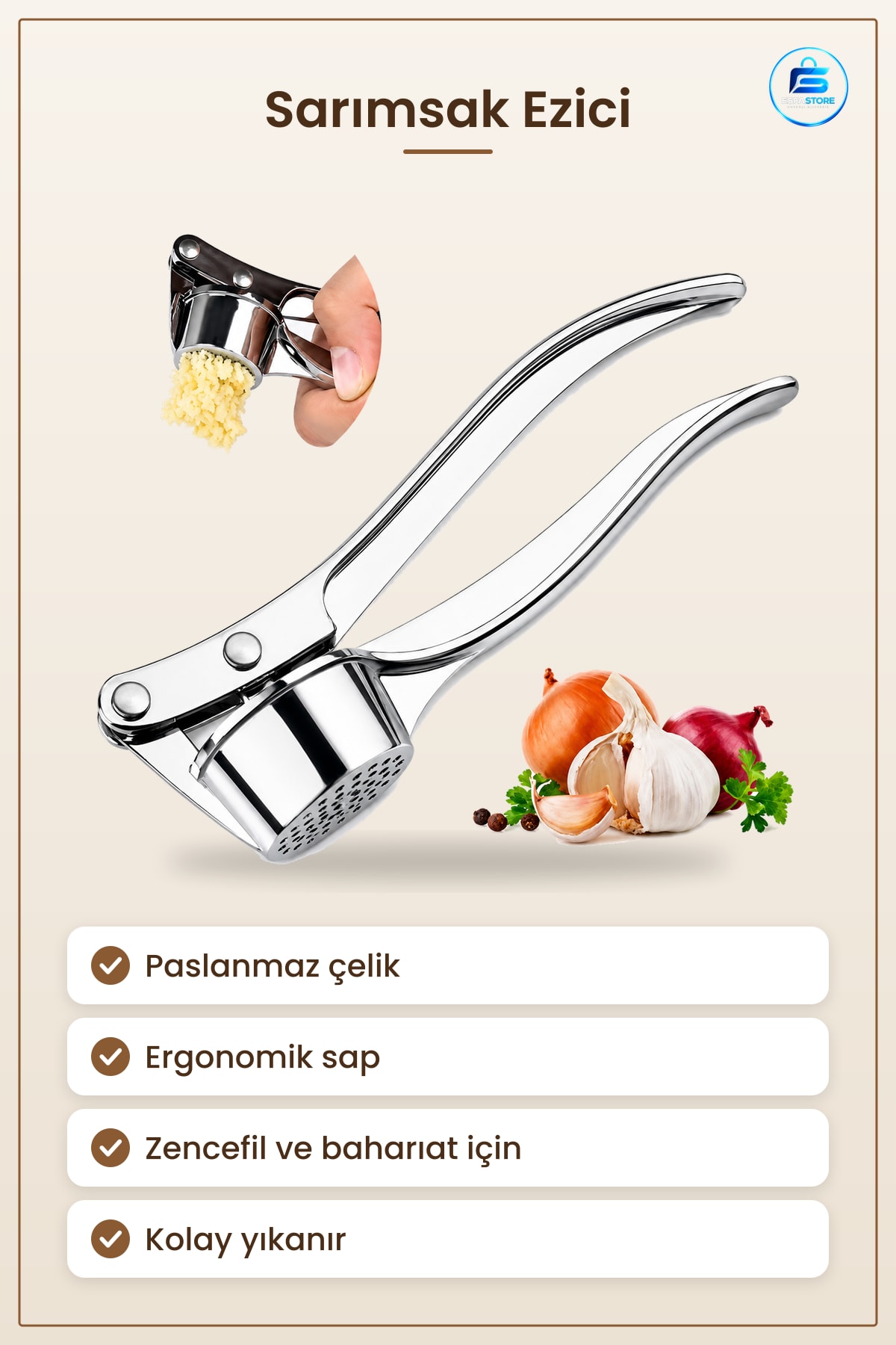 Sarımsak Ezici Paslanmaz Çelik Mutfak Aleti Ergonomik Saplı Zencefil Kolay Temizlik