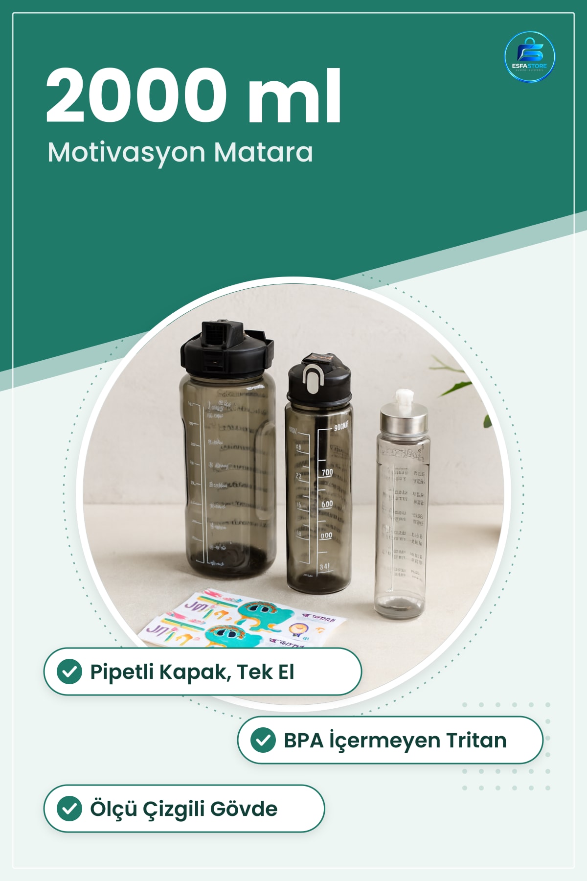 Pipetli Motivasyon Suluk Matara 3 Parça 2000 ML Telefonluklu Tritan Spor Kullanışlı