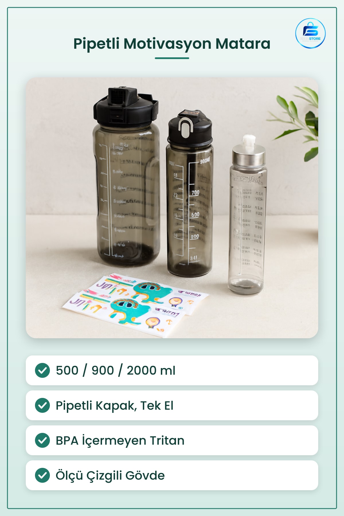 Pipetli Motivasyon Suluk Matara 3 Parça 2000 ML Telefonluklu Tritan Spor Kullanışlı