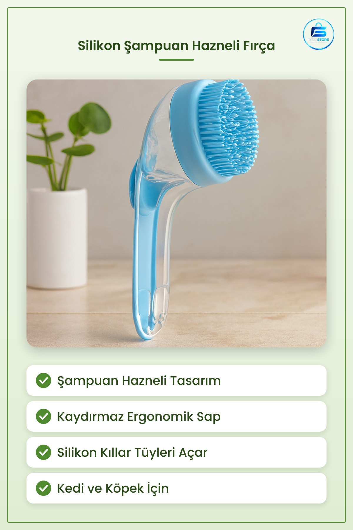 Silikon Şampuan Hazneli Kedi Köpek Yıkama Fırçası Kaydırmaz Ergonomik Sap Tüy Masaj Banyo Bakım