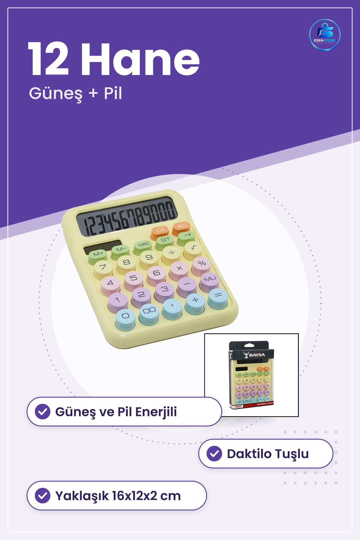 Hesap Makinesi Haneli Güneş ve Pil Enerjili Daktilo Tuşlu Ofis Okul Muhasebe Kullanımı