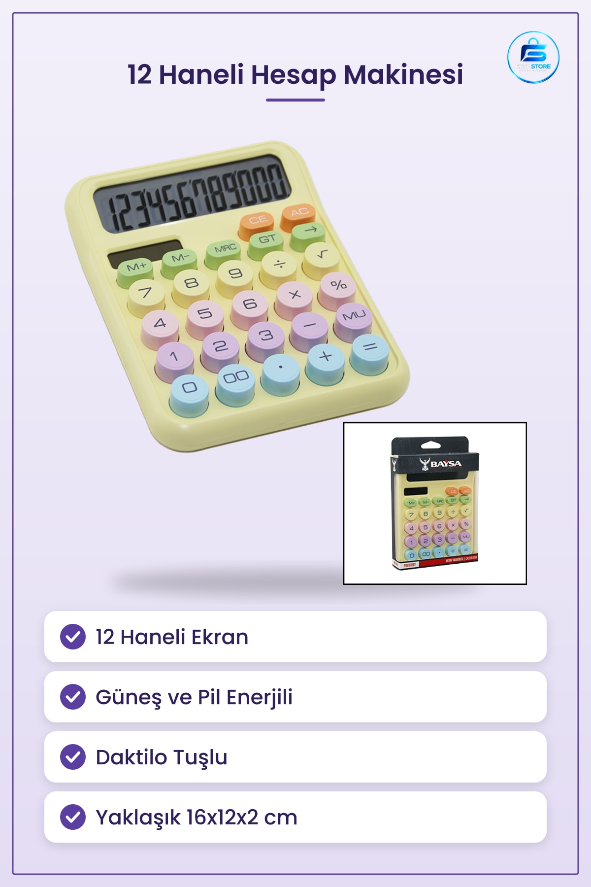Hesap Makinesi Haneli Güneş ve Pil Enerjili Daktilo Tuşlu Ofis Okul Muhasebe Kullanımı
