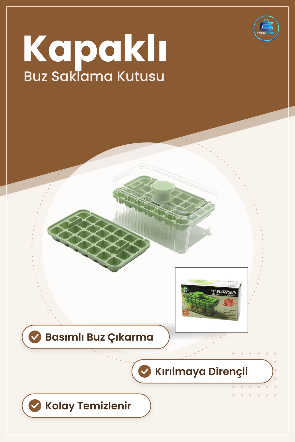 Kapaklı Basımlı Küçük Buzluk Mika Buz Kalıbı Saklama Kutusu Yeşil Mutfak Pratik Çıkarma