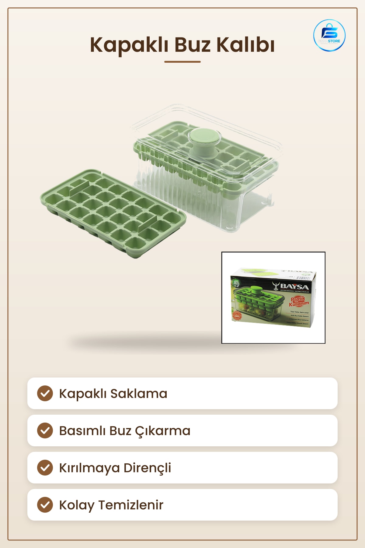 Kapaklı Basımlı Küçük Buzluk Mika Buz Kalıbı Saklama Kutusu Yeşil Mutfak Pratik Çıkarma