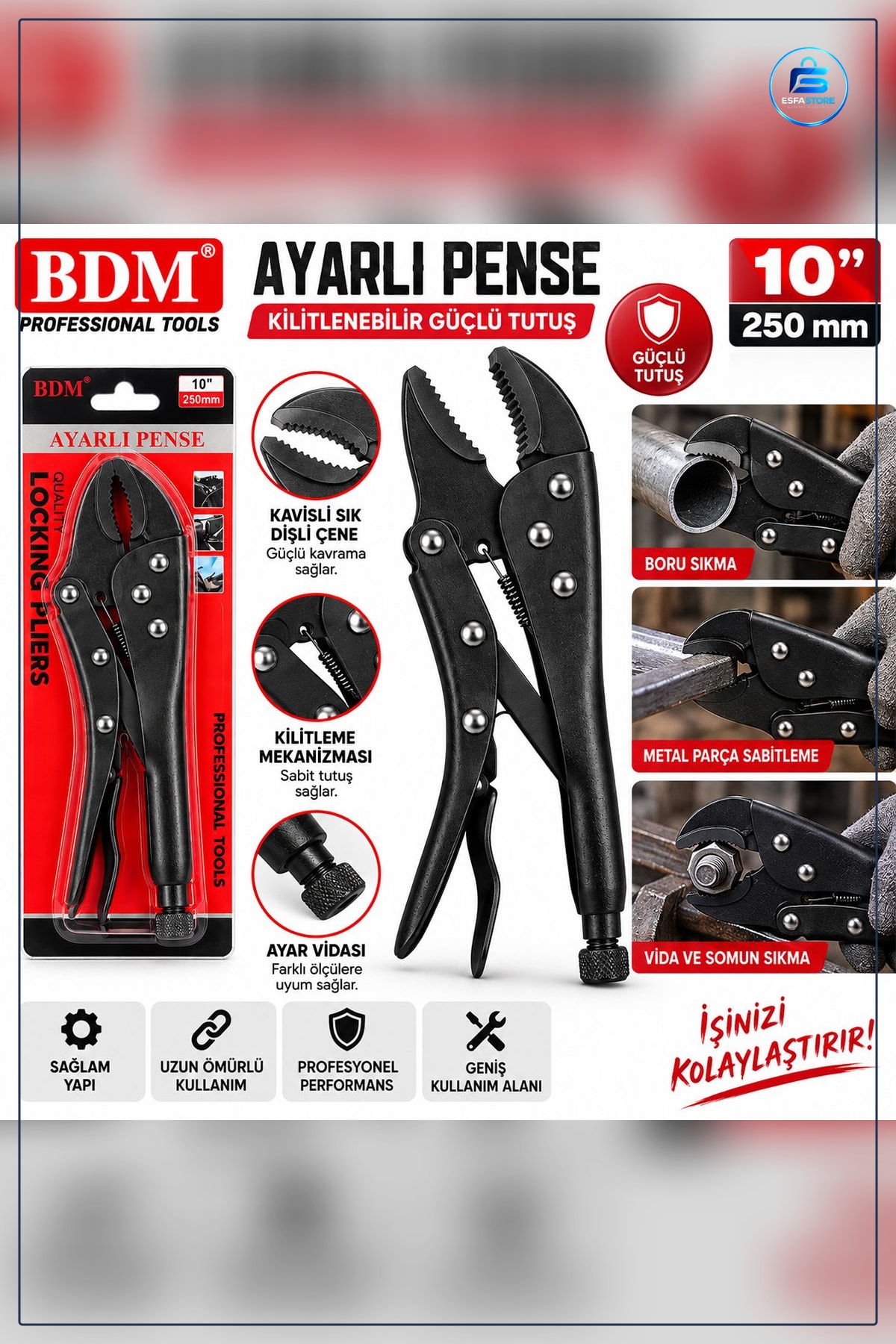 Ayarlı Pense 10 inç 250 mm Kilitli Komple Metal Siyah Kaymaz Sap Boru Profil Kavrama Sökme Tamir
