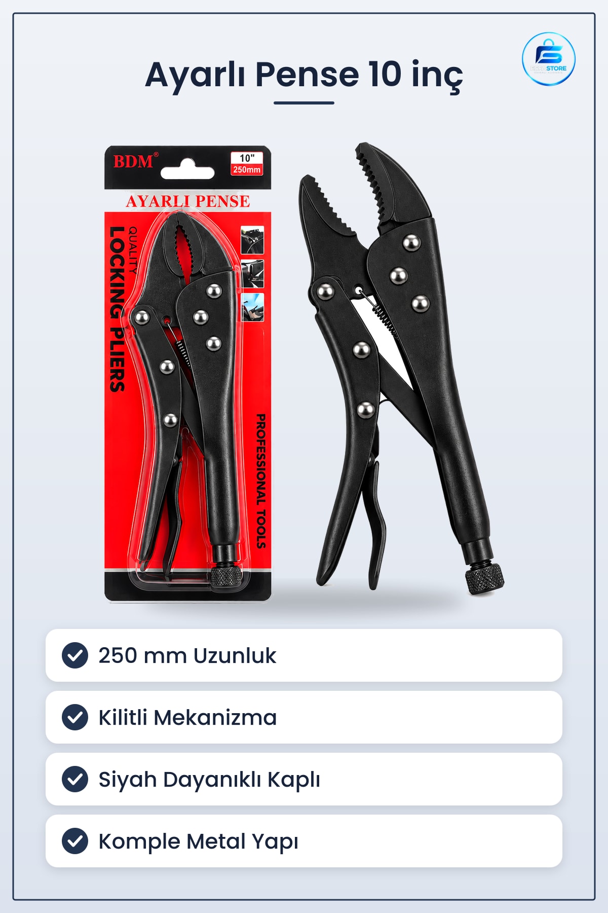 Ayarlı Pense 10 inç 250 mm Kilitli Komple Metal Siyah Kaymaz Sap Boru Profil Kavrama Sökme Tamir