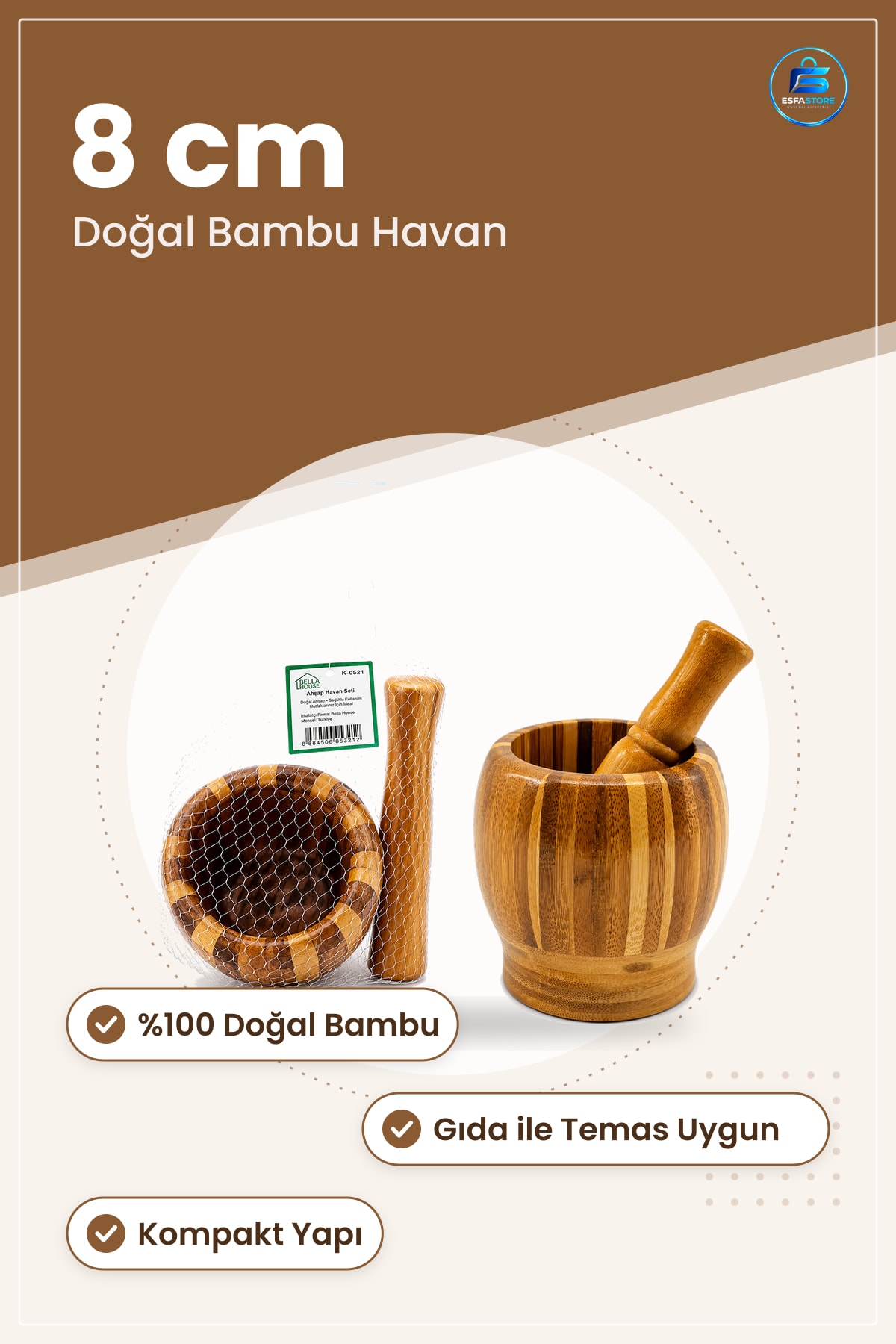 Ahşap Bambu Havan Sarımsak Dövecek 8 cm Doğal Mutfak Baharat Ezme Sos Hazırlama Pratik