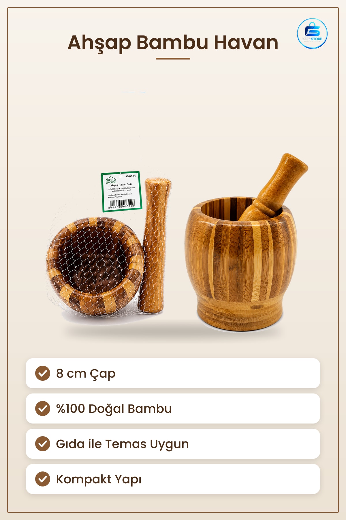 Ahşap Bambu Havan Sarımsak Dövecek 8 cm Doğal Mutfak Baharat Ezme Sos Hazırlama Pratik