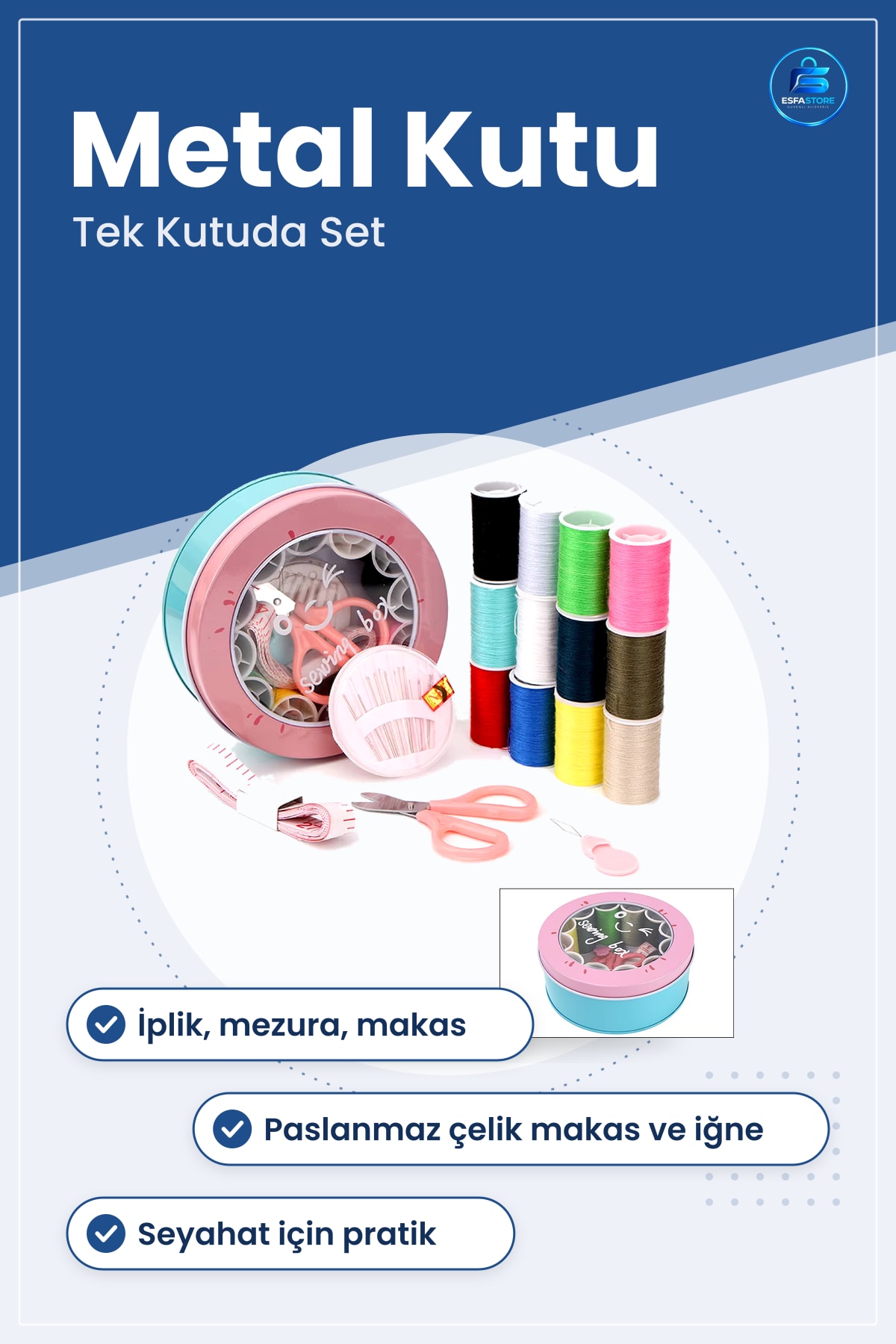 Dikiş Makinesi Aksesuarı Metal Kutulu Set İplik Mezura Tekstil Makası İğne Yüzük Seyahat