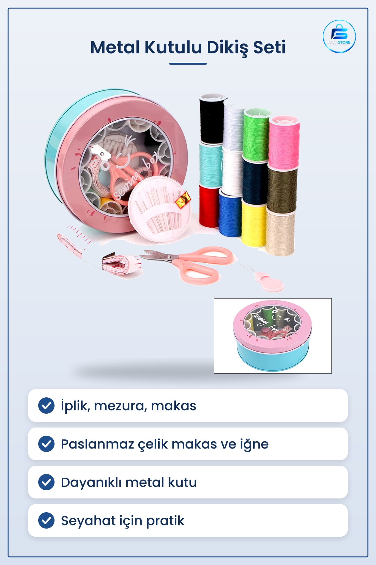 Dikiş Makinesi Aksesuarı Metal Kutulu Set İplik Mezura Tekstil Makası İğne Yüzük Seyahat
