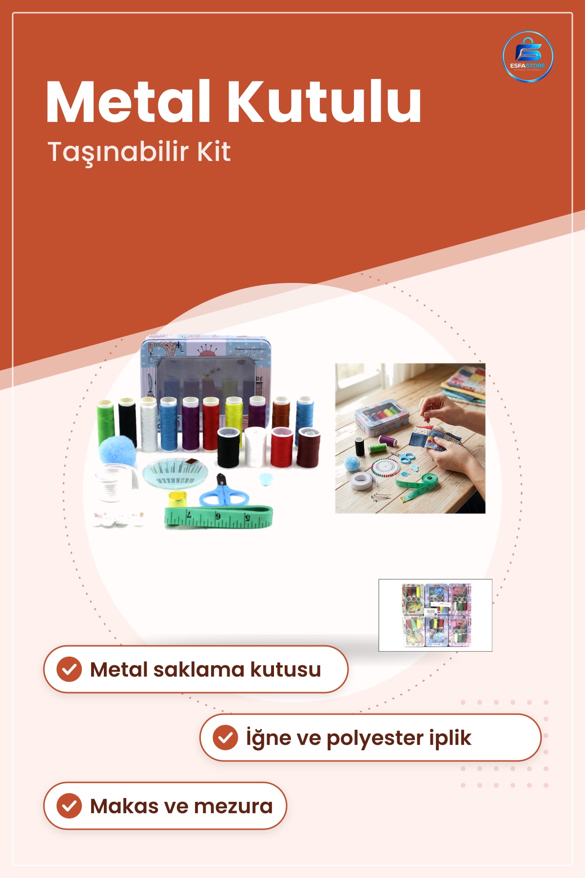Dikiş Seti İğne İplik Metal Kutulu Makas Mezura Taşınabilir Ev Seyahat Onarım Kiti Dayanıklı